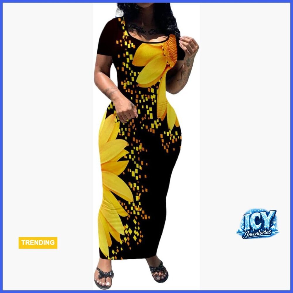 Polyester Blend Bodycon Maxi Dress Scoop Neck Short Sleeve